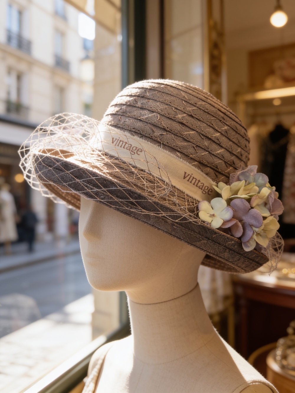 Vintage Beige Straw Cloche Hat with Floral Accent